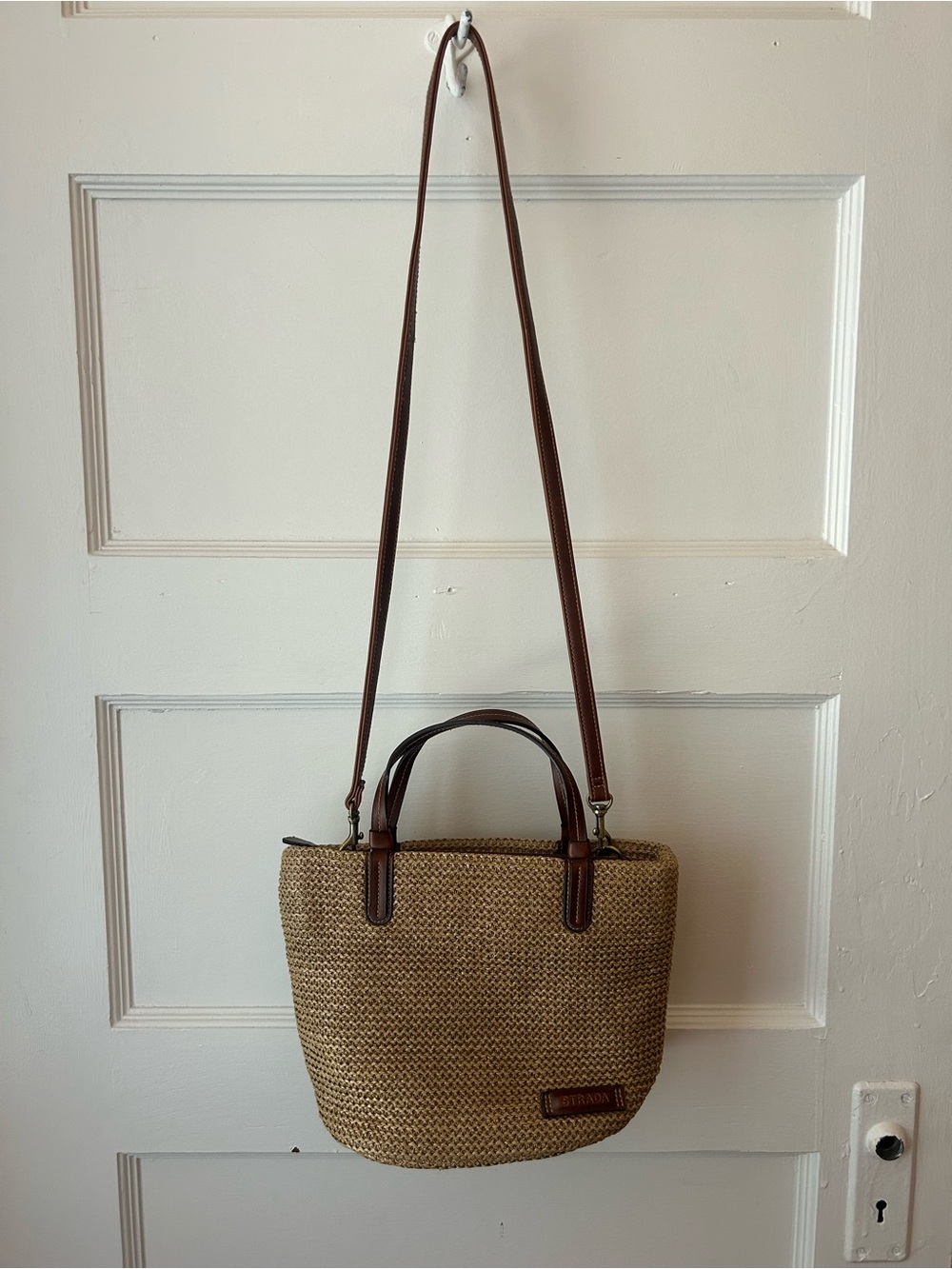 Strada Woven Straw Shoulder Bag with Brown Trim